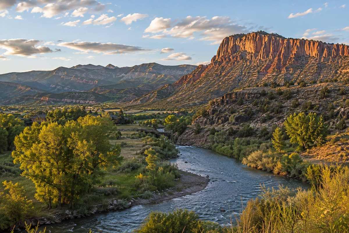 The Basalt mid-valley with a river winding below red-rock cliffs and mountains at golden hour