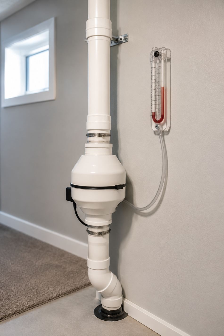Installed radon mitigation system on a finished basement wall — sealed white PVC pipe, inline fan, and a U-tube manometer