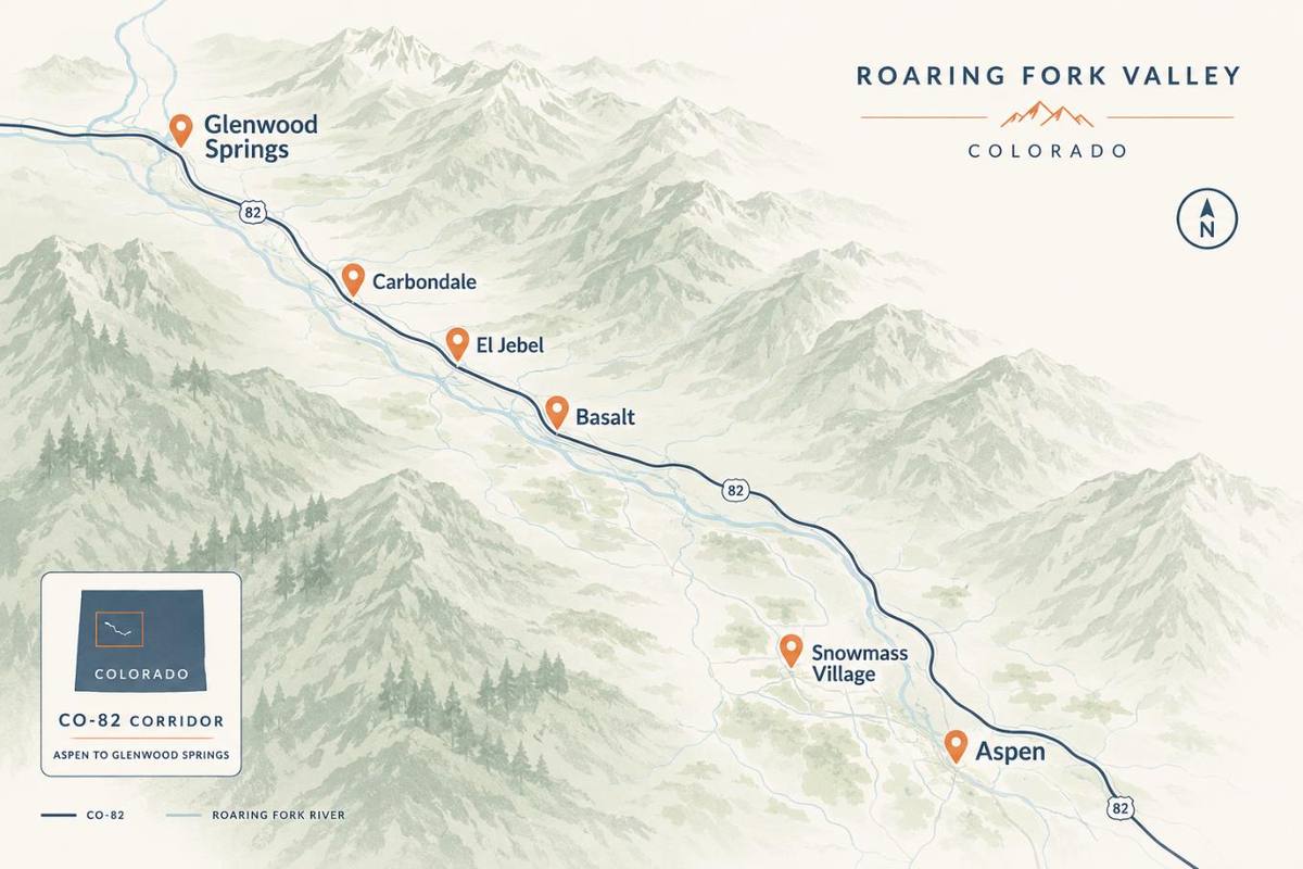 Illustrated service-area map of the CO-82 corridor from Aspen to Glenwood Springs, with pins on each town served
