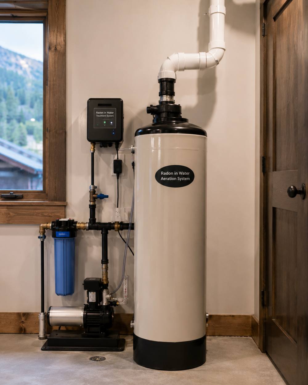 A radon-in-water aeration treatment system with tank, pump, and vent line in a mountain-home mechanical room